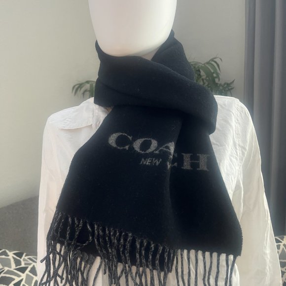 NWT COACH Wool & Cashmere Signature Scarf Black & Gray 76053 muffler - Picture 5 of 8